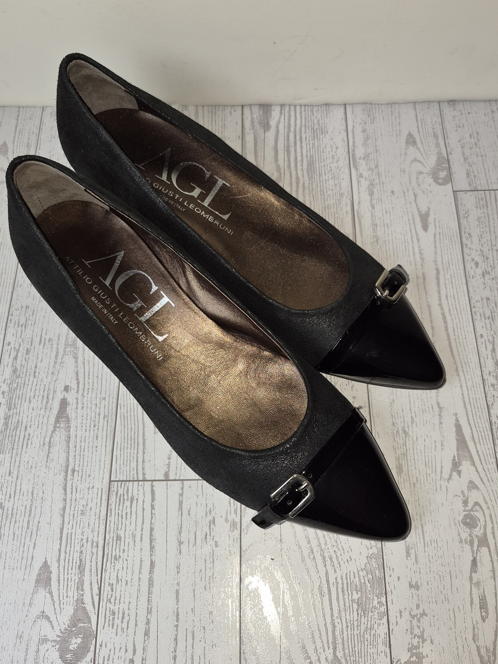 AGL Italian Black Pointed-Toe Leather & Suede Heels with Buckle - 8